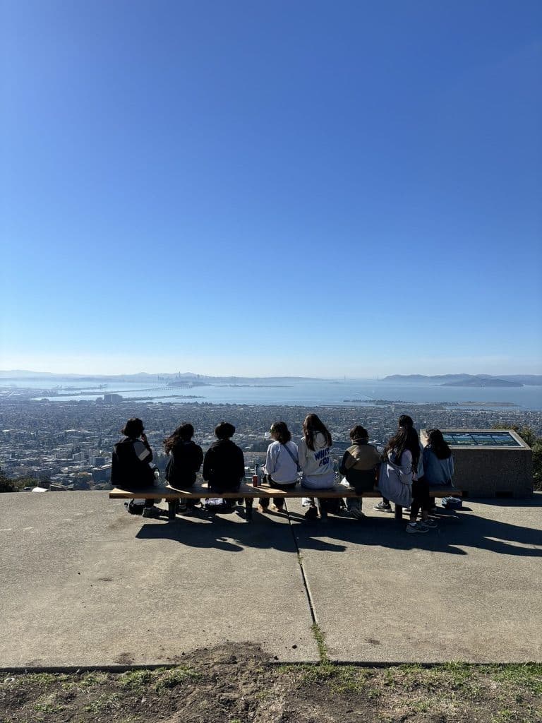 Students sitting together at an overlook above the bay